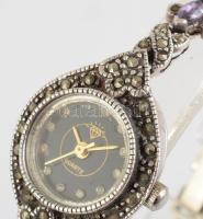 Ezüst (Ag) női karóra, kövekkel, kvarc, bruttó 23,1g