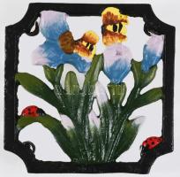 6 darab szecessziós stílusú öntöttvas edényalátét, virág- és bogármintákkal festett, 10,5x10,5 cm, n...