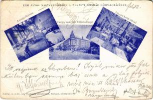 1903 Budapest VIII. Kerepesi út (Rákóczi út), Ehm János nagyvendéglője a Nemzeti Színház bérpalotájában, a nagy étterem, a nagyvendéglő külső látképe, villamos, udvari kerti étkező, pincérek. Erdélyi cs. és kir. udvari fényképész műintézetéből (gyűrődések / creases)