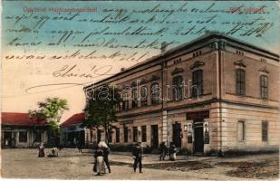 1910 Hajdúszoboszló, Bika szálloda, üzletek. W.L. Bp. 2084. + "KŐRÖSMEZŐ - BUDAPEST 299. SZ. C" vasúti mozgóposta bélyegző (gyűrődés / crease)