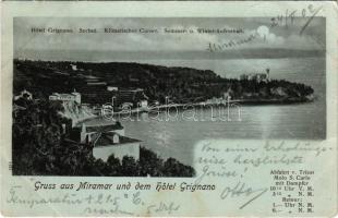 1902 Trieste, Tireszt; Miramar und dem Hotel Grignano / castle and hotel at night in moonlight (EB)