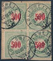 Svájc 1883 500c Zu 22 AK 4-es tömbben kis levéldarabon, rendkívül ritka szép hibátlan darab, Certificate: Guinand (Zu Sfr 1.850.-)