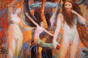 1994 "Ádám és Éva" német porcelán dísztál, jelzett, hibátlan, 21x21 cm