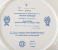 1994 "Ádám és Éva" német porcelán dísztál, jelzett, hibátlan, 21x21 cm