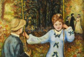 Vereckeiné jelzéssel, Renoir után: Hinta. Olaj, farost. Dekoratív, sérült fakeretben. 39,5x29,5 cm