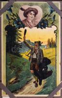 94 db RÉGI művészlap sérült fűzött kisméretű albumban (borító hiányzik), főleg hölgyek, gyerekek, tájképek, festmény reprodukciók / 94 pre-1945 art postcard in an incomplete album (cover is missing), mainly ladies, children, landscapes, painting reproductions