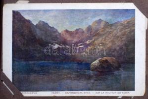 94 db RÉGI művészlap sérült fűzött kisméretű albumban (borító hiányzik), főleg hölgyek, gyerekek, tá...