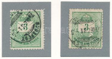 1874 2 db 3kr durva gyöngyjavítással, extra korai bélyegzések (ex Orbán, Sebestyén aranyérmes kiállítási anyagból)