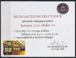 2012 Bélyegmúzeumi délutánok hátoldali felülnyomás az Erkel Ferenc születése 200. évfordulója emlékíven, csak 40 db létezik