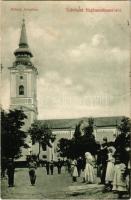 1908 Hajdúszoboszló, Református templom. Körner Béla kiadása + "KIRÁLYHÁZA - BUDAPEST 20. SZ." vasúti mozgóposta bélyegző (EB)