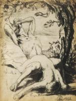 Merényi Rudolf (1893-1957): Jelenet, 1922. Rézkarc, papír, jelzett a karcon, üvegezett fakeretben, 12,5x10 cm