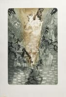 Tassy Béla (1942-): Történet. Színes rézkarc, papír, jelzett, számozott (85/100), hátoldalán Actual Art Galéria bélyegzésével, 46x31 cm