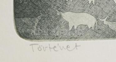 Tassy Béla (1942-): Történet. Színes rézkarc, papír, jelzett, számozott (85/100), hátoldalán Actual ...