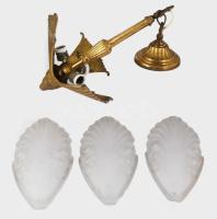 cca 1910 Szecessziós bronz csillár, eredeti üveg részeivel, lepattanással, h: 46 cm