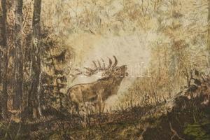 Csergezán Pál (1924-1996): Szarvasbőgés. Színezett rézkarc, papír, jelzett, lapszéli ázásnyomokkal é...