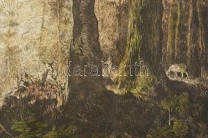 Csergezán Pál (1924-1996): Szarvasbőgés. Színezett rézkarc, papír, jelzett, lapszéli ázásnyomokkal é...