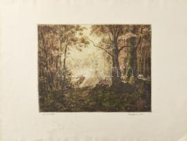 Csergezán Pál (1924-1996): Szarvasbőgés. Színezett rézkarc, papír, jelzett, lapszéli ázásnyomokkal é...