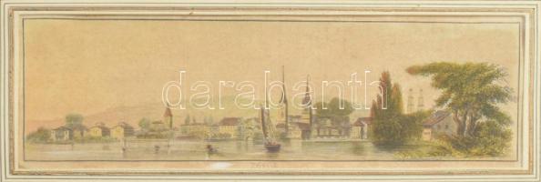 Zürich színezett acélmetszet, üvegezett keretben, 6x16 cm