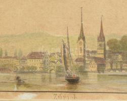 Zürich színezett acélmetszet, üvegezett keretben, 6x16 cm