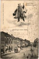 1906 Miskolc, Széchenyi utca, villamos, Langer Sámuel üzlete. Röptében Miskolcz körül! montázs repül...