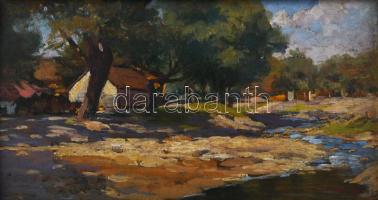 Mérő István (1888-1960): Vízparti falu. Olaj, fa, jelezve jobbra lent. Dekoratív fakeretben. 10x18 cm.