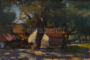 Mérő István (1888-1960): Vízparti falu. Olaj, fa, jelezve jobbra lent. Dekoratív fakeretben. 10x18 c...