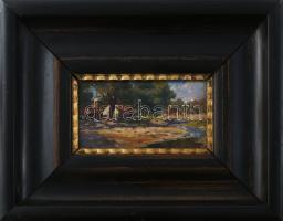 Mérő István (1888-1960): Vízparti falu. Olaj, fa, jelezve jobbra lent. Dekoratív fakeretben. 10x18 c...