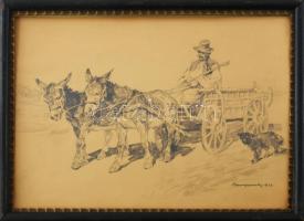 Benyovszky István (1898-1969): Öszvérfogat kutyával, 1920-as évek. Ceruza, papír, jelzett, fakeretben 24x32 cm
