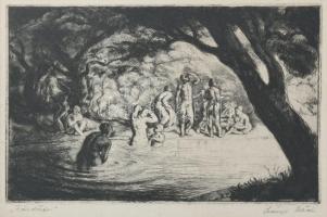 Szőnyi István (1894-1960): Fürdőzők. Rézkarc, papír, jelzett, 22x34 cm, üvegezett fakeretben.