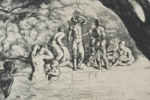Szőnyi István (1894-1960): Fürdőzők. Rézkarc, papír, jelzett, 22x34 cm, üvegezett fakeretben