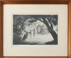 Szőnyi István (1894-1960): Fürdőzők. Rézkarc, papír, jelzett, 22x34 cm, üvegezett fakeretben