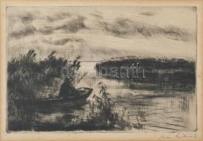 Iván Szilárd (1912-1988): Balatoni horgász. Rézkarc, papír, jelzett, üvegezett fakeretben, 16×23,5 cm