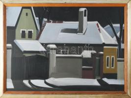 Ircsik József (1932-1986): Tél. Olaj, farost, jelzett. Hátoldalán autográf felirattal. Fakeretben, 40×55 cm