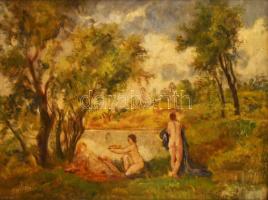 Hermann Lipót (1884-1972): Fürdőző aktok. Olaj, vászon. Jelzett. Javított. Dekoratív, sérült fakeretben. 60x80 cm
