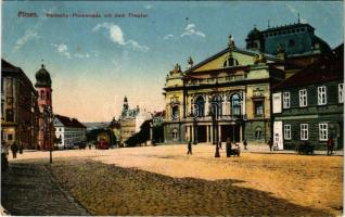 Plzen, Pilsen; Radecky-Promenade mit dem Theater / street view, theatre, tram, synagogue. J. Schulhof (EK)
