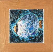 Cs jelzéssel halas tűzzománc kép, fa lapon, 15x15 cm, 23x23 cm