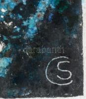 Cs jelzéssel halas tűzzománc kép, fa lapon, 15x15 cm, 23x23 cm