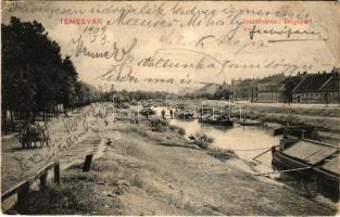 1909 Temesvár, Timisoara; Józsefváros, Bega rakpart, hajó / Bega Landungsplatz / Bega quay, ship (gyűrődések / creases)