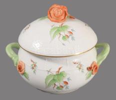 Herendi hecsedli mintás leveskínáló edény rózsa fogóval. Jelzett, 2. oszt., hibátlan, m: 20,5 cm