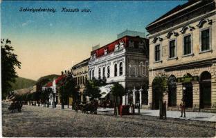 Székelyudvarhely, Odorheiu Secuiesc; Kossuth utca, Budapest szálloda, dohányáruda. Z. Székely Dénes kiadása / street view, hotel, tobacco shop