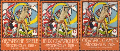 1912 Stockholmi olimpia 3 klf levélzáró / Olympische Spiele Stockholm 3 versch. Vignetten