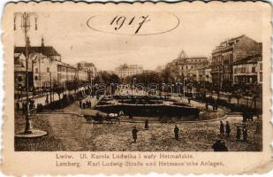 1917 Lviv, Lwów, Lemberg; Ul. Karola Ludwika i waly Hetmanskie / Karl Ludwig Strasse und Hermann'sche Anlagen / streets + "K.u.k. Etappenpostamt 185" (tears)