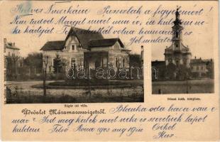 1903 Máramarossziget, Sighet, Sighetu Marmatiei; Sugár úti villa, Római katolikus templom. Kaufmann Ábrahám kiadása / villa and church