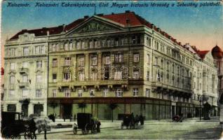 Kolozsvár, Cluj; Kolozsvári Takarékpénztár, Első Magyar Biztosító Társaság a Sebestény palotával, képeslapfüzetből / savings bank, insurance company, palace, from a postcard booklet (EM)