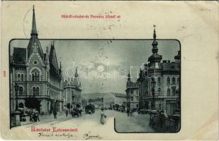1900 Kolozsvár, Cluj; Hídfő részlet este holdfényben, Ferenc József út, városi vasút, Phönix üzlete, automobil / bridge, street, urban railway, shops, automobile at night in moonlight (EB)