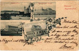 1899 Nagyvárad, Oradea; mozaiklap 4 képpel: Püspöki palota, Kereskedelmi csarnok, Hídfő, Múzeum / bishop's palace, trade hall, bridge, museum. Art Nouveau, floral (vágott / cut)