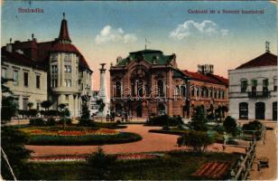 1917 Szabadka, Subotica; Csokonai tér, Nemzeti kaszinó, Honvéd emlékmű (Kaponyai csata emlékműve. Vasúti levelezőlapárusítás 38. sz. 1916. / square, casino, Hungarian military monument (EB)