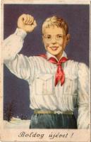 1951 Boldog Újévet! Magyar kommunista úttörő üdvözlőlap, propaganda / Hungarian communist New Year greeting propaganda (fl)