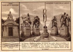 1934 Concorde tér Párizsban és a Szabadság tér Budapesten. Trianon irredenta szoborcsoport, Országzászló. Magyar Földrajzi Intézet rt. nyomása / Paris, Place de la Concorde - Budapest, Place de la Liberté; Hungarian irredenta propaganda, Trianon map on the backside (EK)