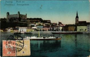 1911 Pozsony, Pressburg, Bratislava; Duna sor, vár, gőzhajó / Donaugelände / Danube, castle, steamship. TCV card (EK)